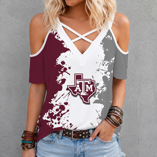 [FAN FAVORITE] NEW CUSTOMIZED NCAA FBS16 TAA TEXAS A&M AGGIES CRISS CROSS V-NECK TOP