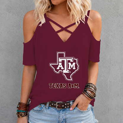 [FAN FAVORITE] NEW CUSTOMIZED NCAA FBS16 TAA TEXAS A&M AGGIES CRISS CROSS V-NECK TOP