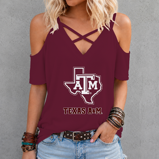 [FAN FAVORITE] NEW CUSTOMIZED NCAA FBS16 TAA TEXAS A&M AGGIES CRISS CROSS V-NECK TOP