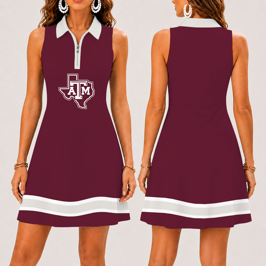 [FAN FAVORITE] NEW CUSTOMIZED NCAA FBS16 TAA TEXAS A&M AGGIES WOMEN'S ZIP SLEEVELESS POLO DRESS