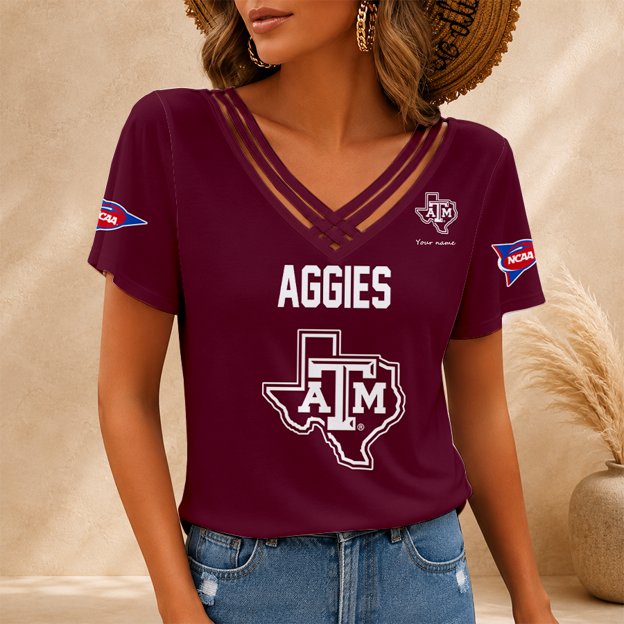 [FAN FAVORITE] NEW CUSTOMIZED NCAA FBS16 TAA TEXAS A&M AGGIES V-NECK SHIRT
