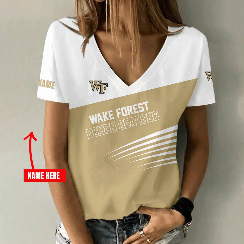 [FAN FAVORITE] NEW CUSTOMIZED NCAA CFH16 WFD WAKE FOREST DEMON DEACONS V-NECK FEMALE SHIRT