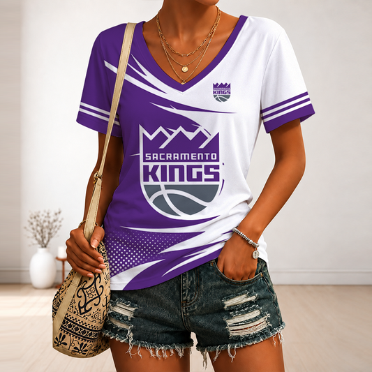 LIMITED EDITION - NEW CUSTOMIZED NBA16 SKI SACRAMENTO KINGS V-NECK FEMALE SHIRT