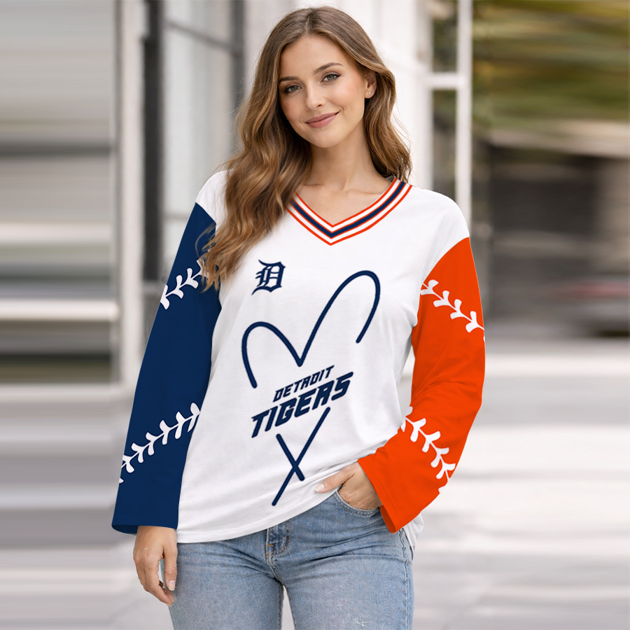 LIMITED EDITION - NEW CUSTOMIZED MLB16 DTS DETROIT TIGERS WOMEN'S HEART V-NECK LONG SLEEVE SHIRT