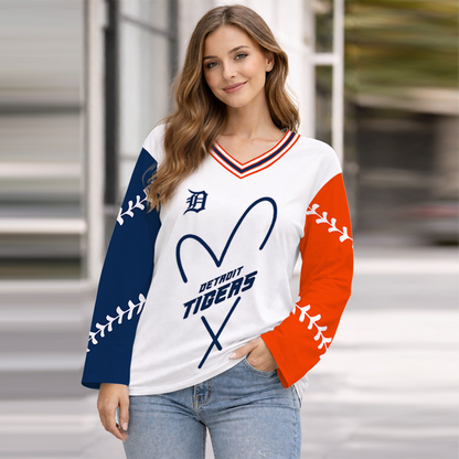 LIMITED EDITION - NEW CUSTOMIZED MLB16 DTS DETROIT TIGERS WOMEN'S HEART V-NECK LONG SLEEVE SHIRT