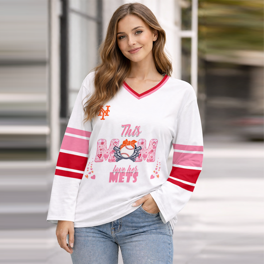 LIMITED EDITION - NEW CUSTOMIZED MLB17 NYM NEW YORK METS WOMEN'S HEART V-NECK LONG SLEEVE SHIRT