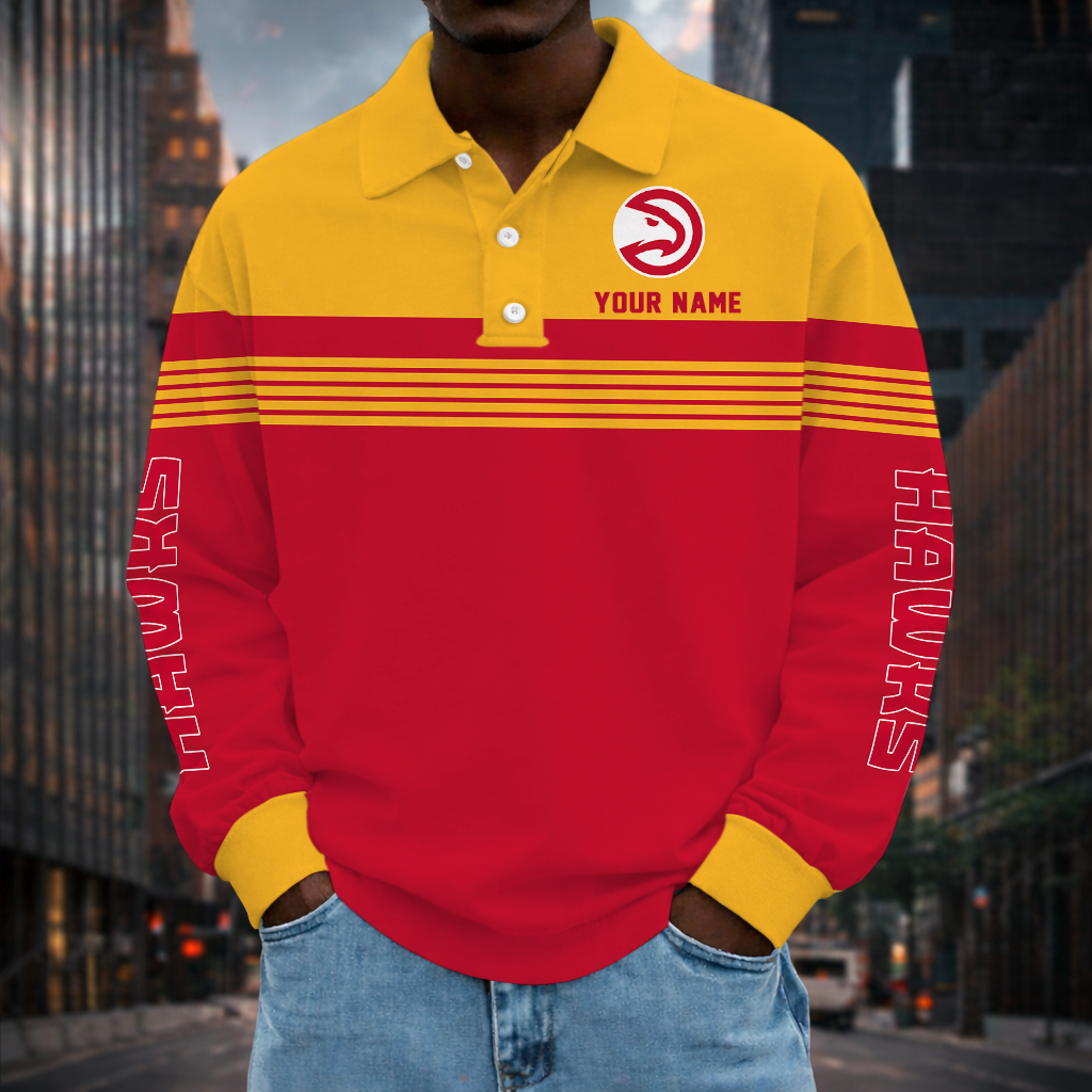 ELITE EDITION - NEW CUSTOMIZED NBA17 AHA ATLANTA HAWKS MEN LONG SLEEVE POLO