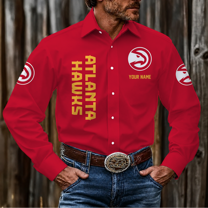 LIMITED EDITION - NEW CUSTOMIZED NBA17 AHA ATLANTA HAWKS MEN'S LONG SLEEVE BUTTON-UP SHIRT