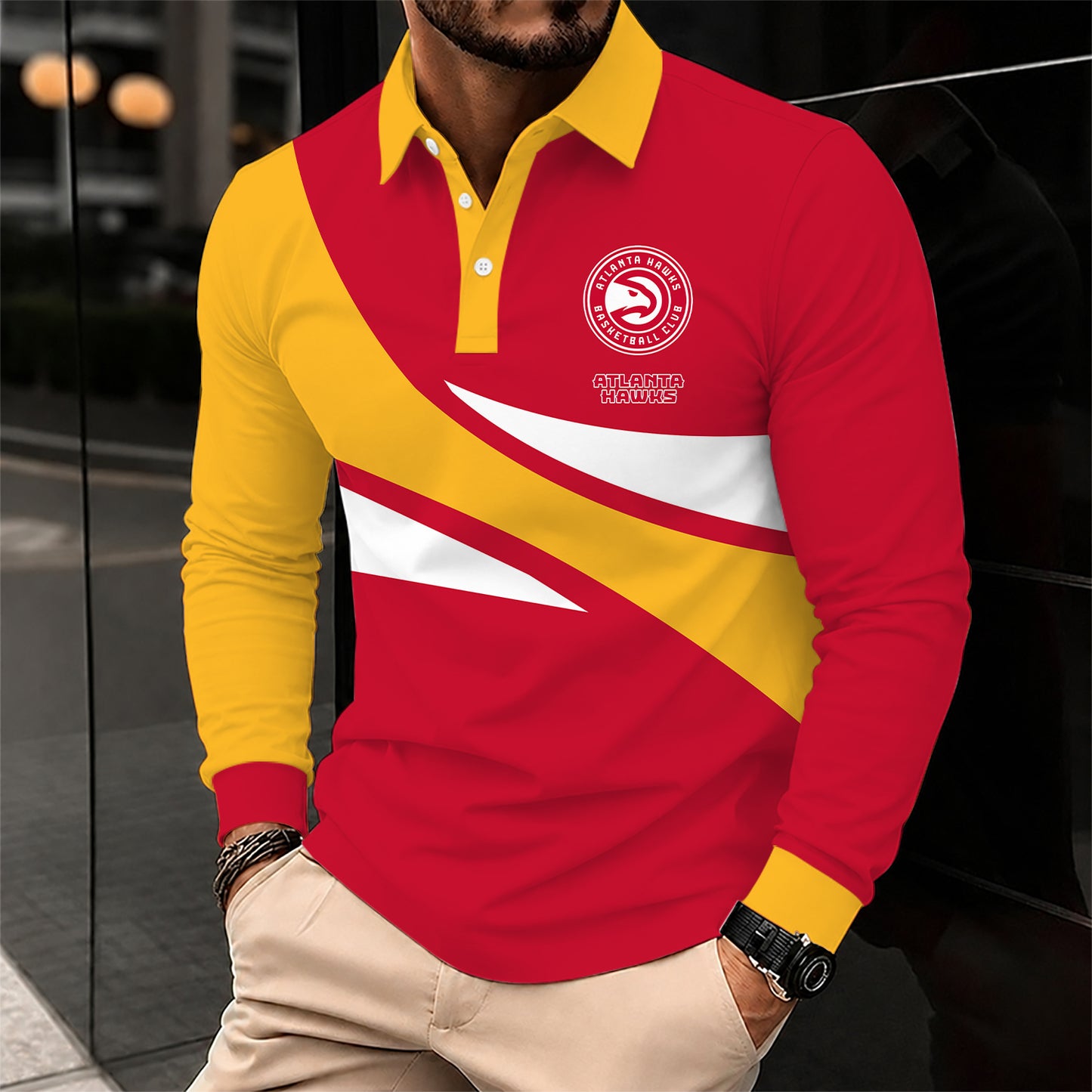 [HOT DEAL] NEW CUSTOMIZED NBA17 AHA ATLANTA HAWKS MEN LONG SLEEVE POLO