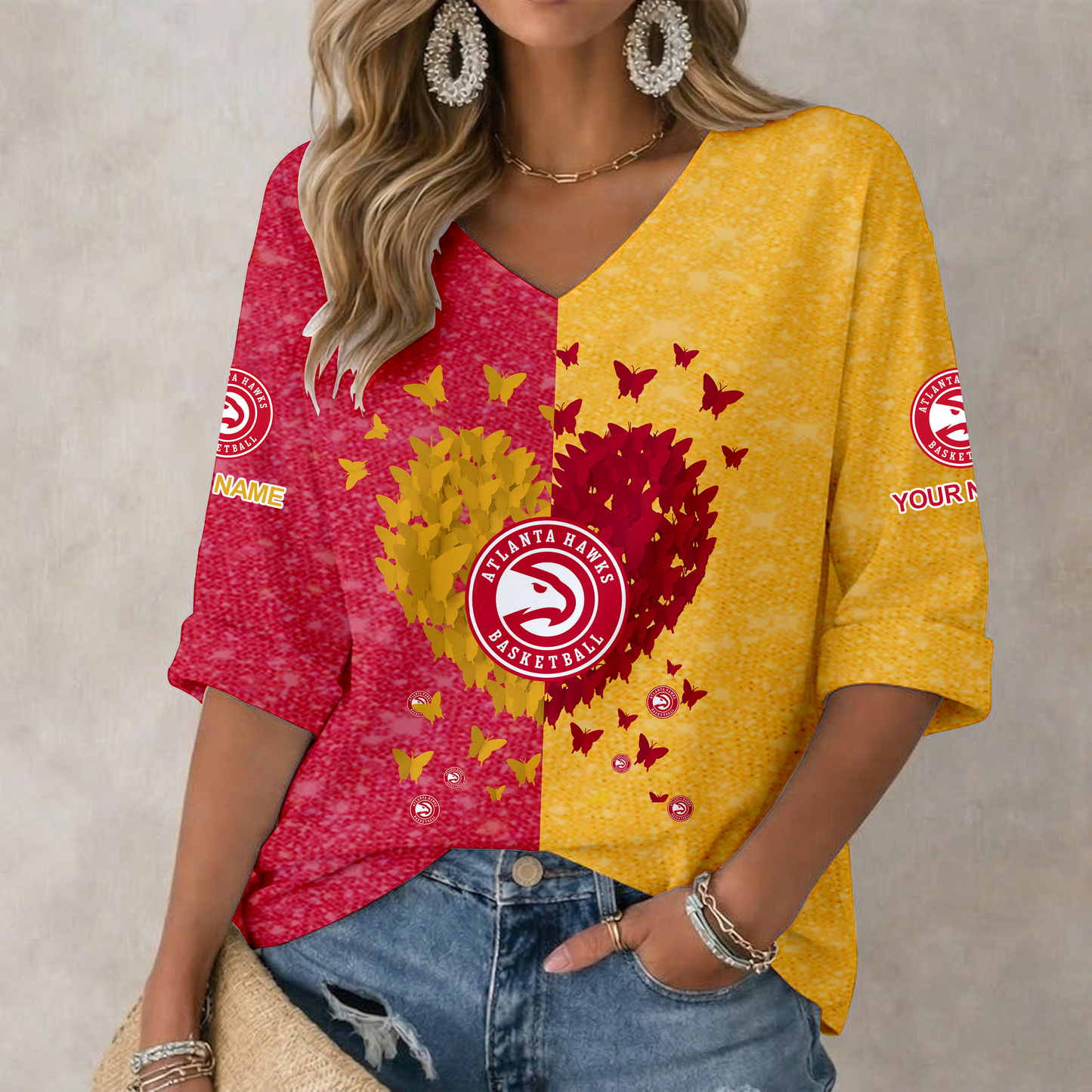 LIMITED EDITION - NEW CUSTOMIZED NBA17 AHA ATLANTA HAWKS WOMEN'S HEART V-NECK LONG SLEEVE SHIRT