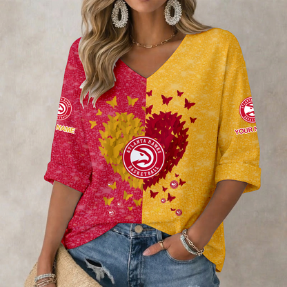 LIMITED EDITION - NEW CUSTOMIZED NBA17 AHA ATLANTA HAWKS WOMEN'S HEART V-NECK LONG SLEEVE SHIRT