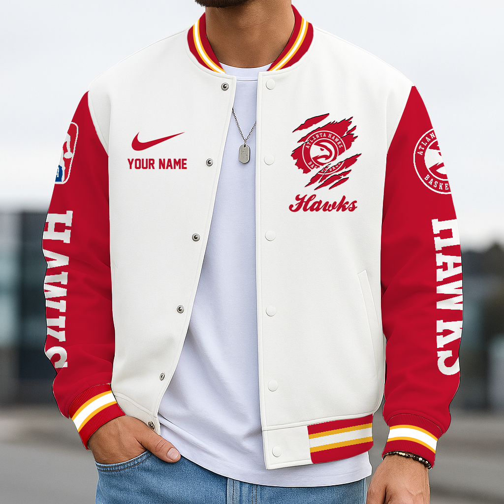 LIMITED EDITION - NEW CUSTOMIZED NBA17 AHA AT HAWKS BASEBALL JACKET, SATIN VARSITY JACKET