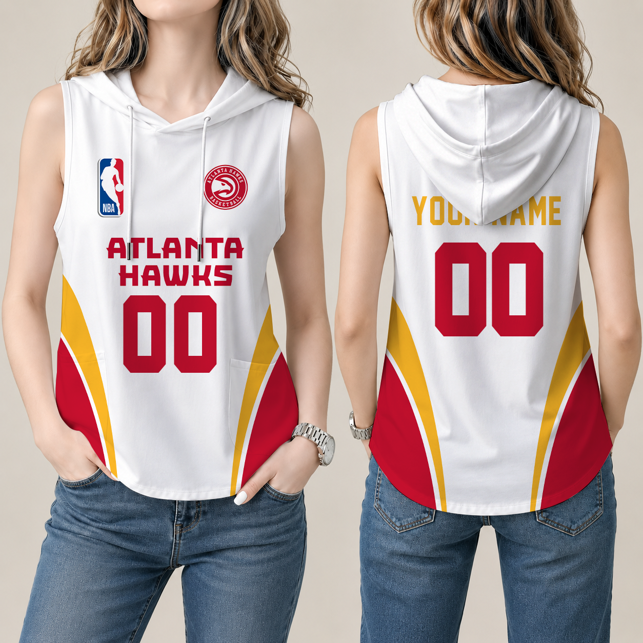 [HOT DEAL] NEW CUSTOMIZED NBA17 AHA ATLANTA HAWKS  WOMEN'S SLEEVELESS HOODED POCKET TANK TOP