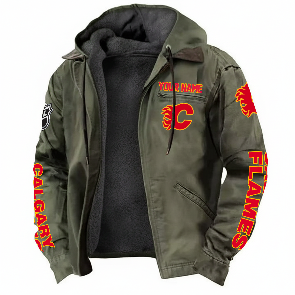 LIMITED EDITION - NEW CUSTOMIZED NHL17 CGF CALGARY FLAMES HOODED CARDIGAN JACKET