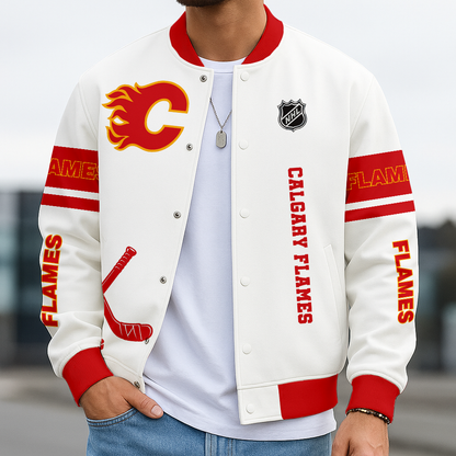 LIMITED EDITION - NEW CUSTOMIZED NHL17 CGF CALGARY FLAMES BASEBALL JACKET, SATIN VARSITY JACKET