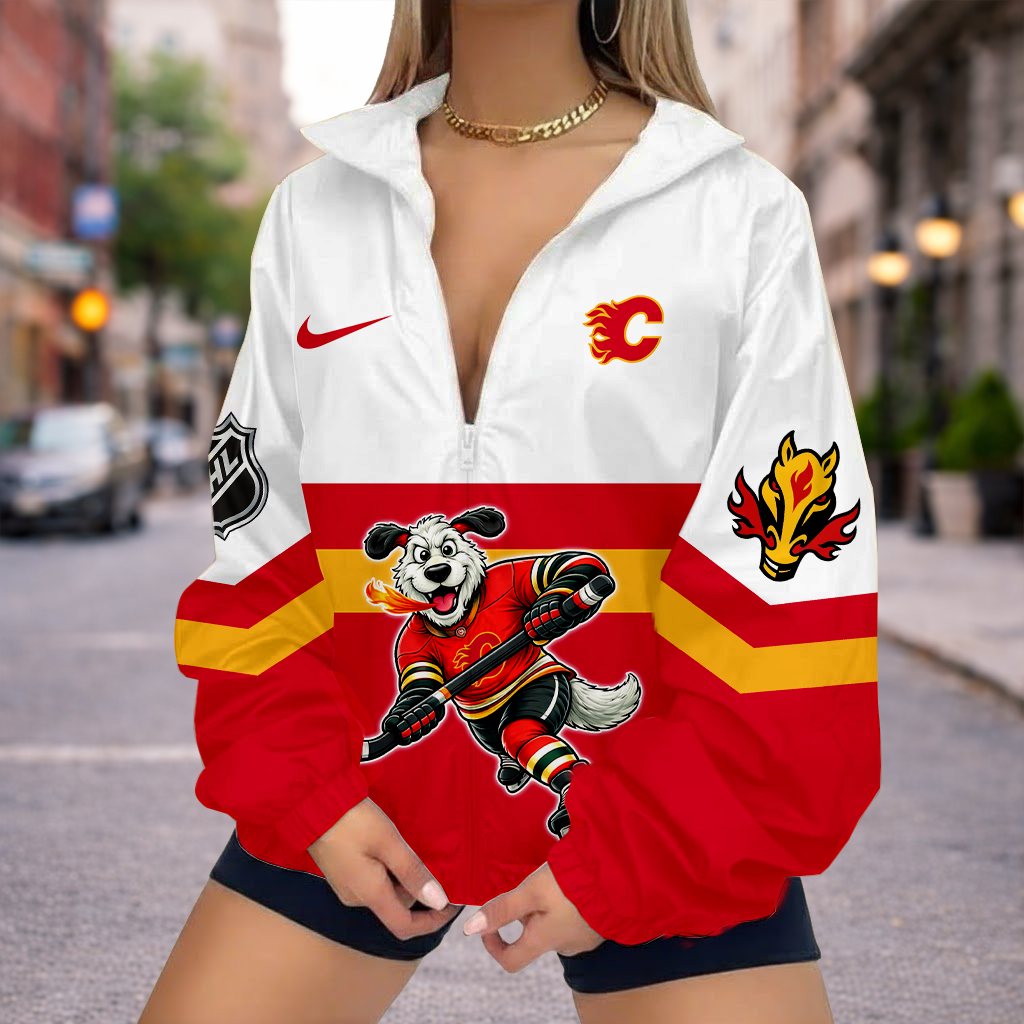LIMITED EDITION - NEW CUSTOMIZED NHL17 CGF CALGARY FLAMES V-NECK ZIPPER SWEATSHIRT JACKET