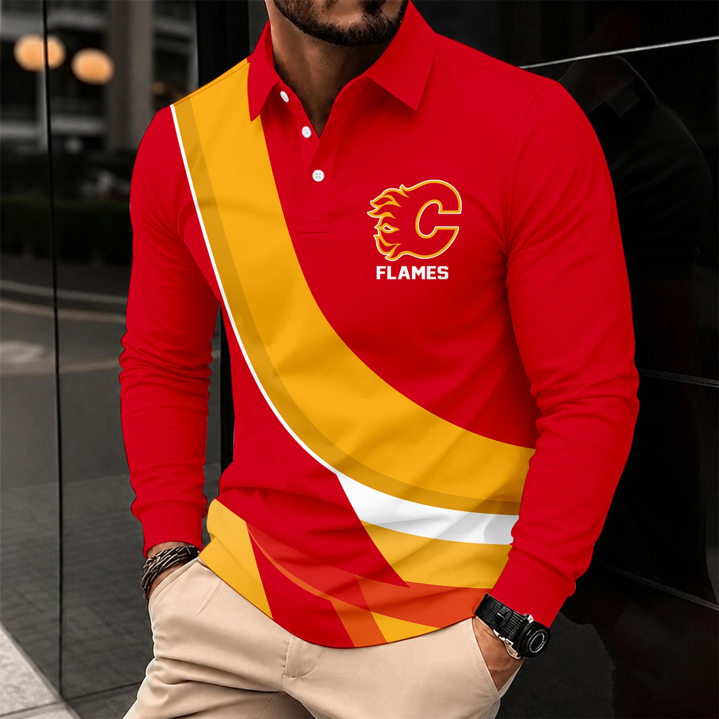 [SUPER SALE] NEW CUSTOMIZED NHL17 CGF CALGARY FLAMES MEN LONG SLEEVE POLO