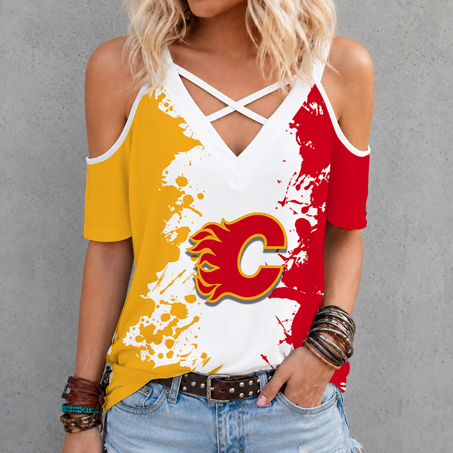 [SUPER SALE] NEW CUSTOMIZED NHL17 CGF CALGARY FLAMES CRISS CROSS V-NECK TOP