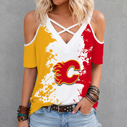[SUPER SALE] NEW CUSTOMIZED NHL17 CGF CALGARY FLAMES CRISS CROSS V-NECK TOP