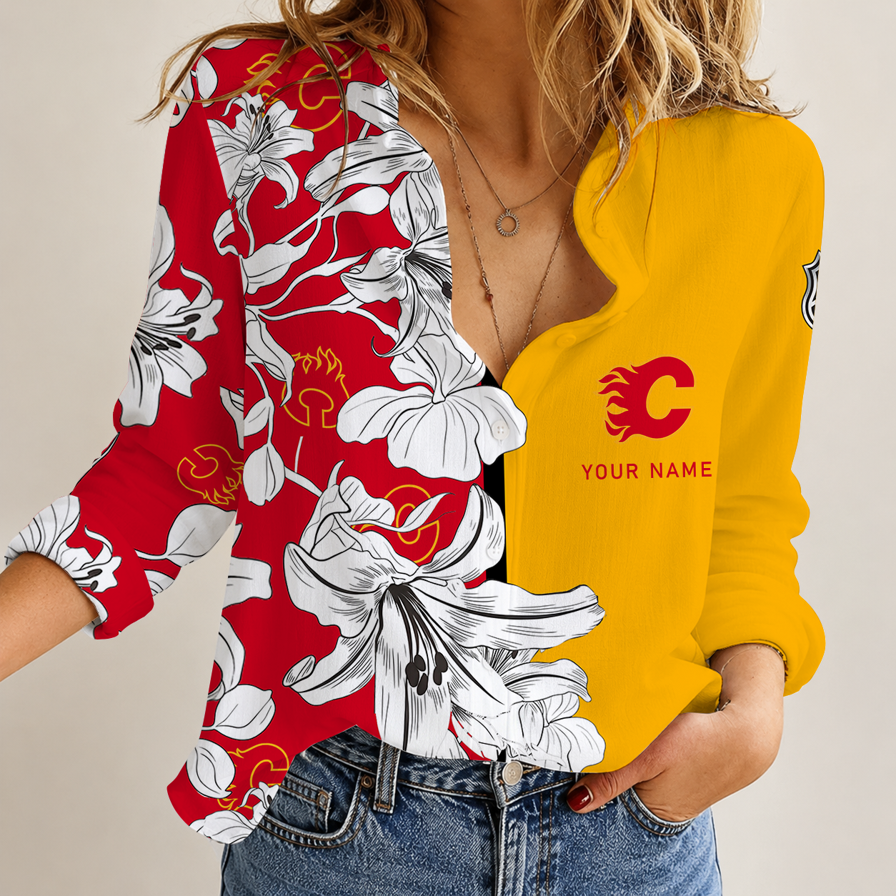 [SUPER SALE] NEW CUSTOMIZED NHL17 CGF CALGARY FLAMES WOMEN CASUAL SHIRT