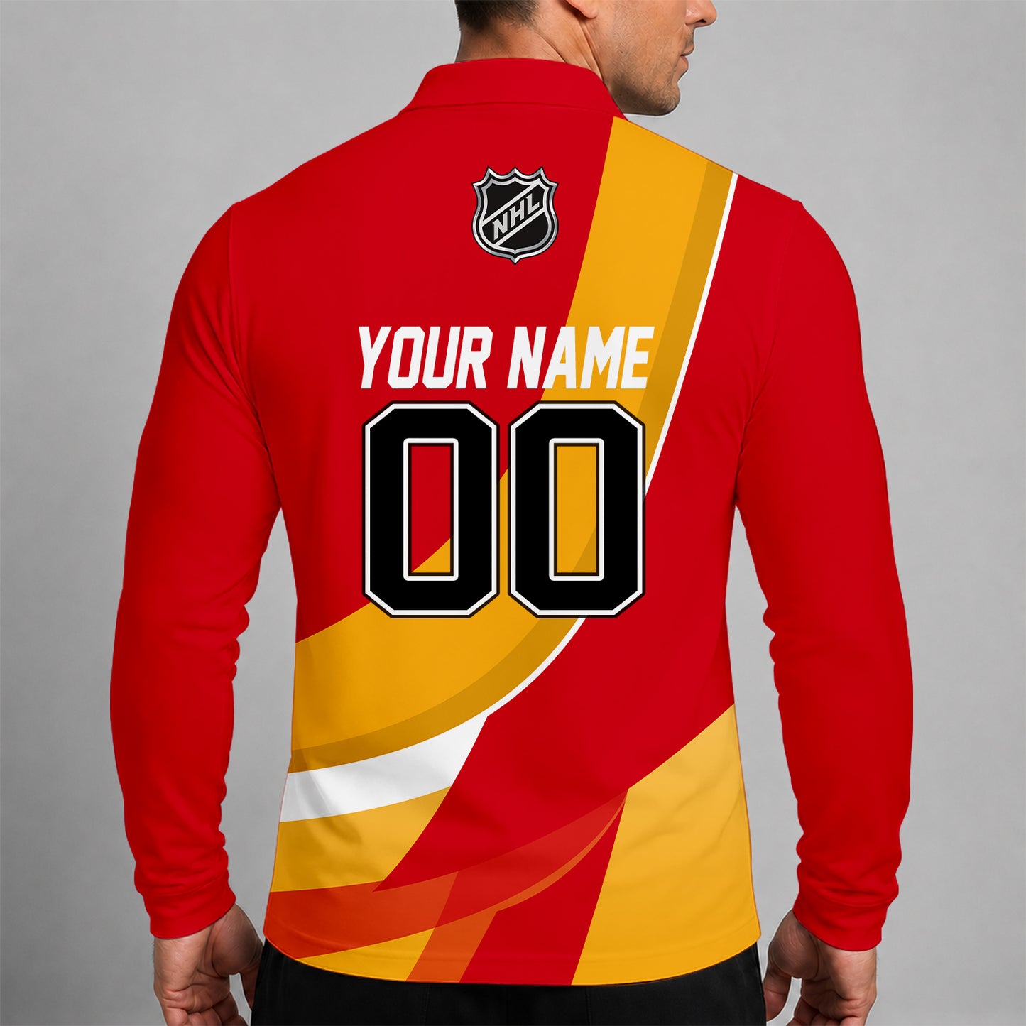 [SUPER SALE] NEW CUSTOMIZED NHL17 CGF CALGARY FLAMES MEN LONG SLEEVE POLO