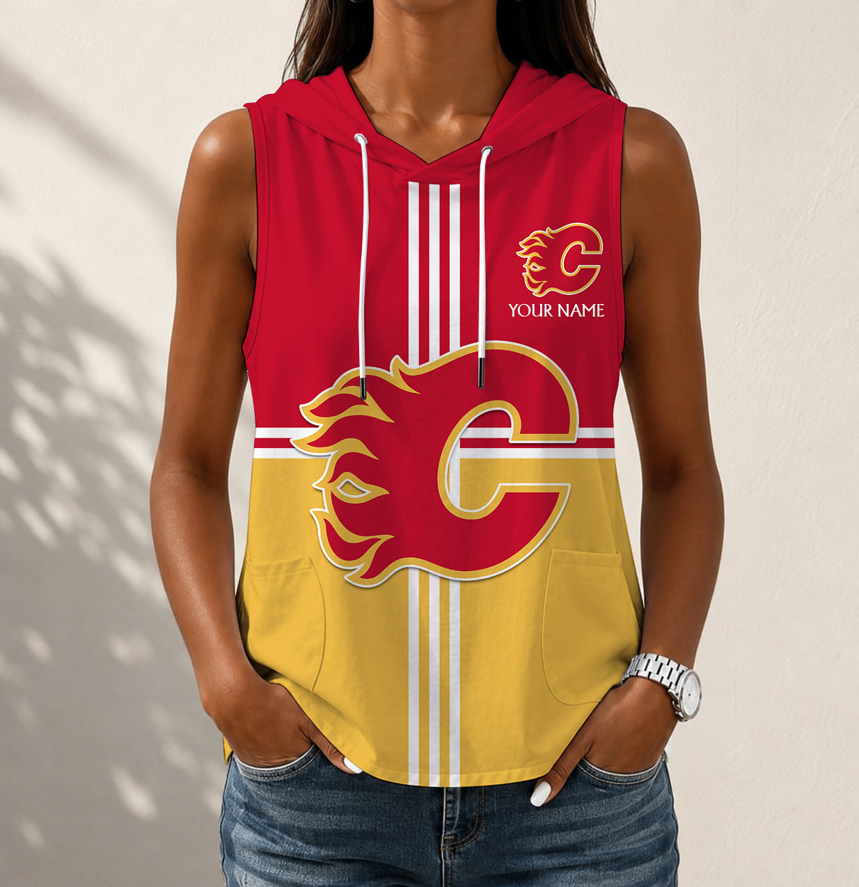 VIRAL EDITION - NEW CUSTOMIZED NHL17 CGF CALGARY FLAMES WOMEN'S SLEEVELESS HOODED POCKET TANK TOP