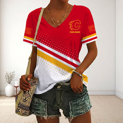 LIMITED EDITION - NEW CUSTOMIZED NHL17 CGF CALGARY FLAMES V-NECK FEMALE SHIRT