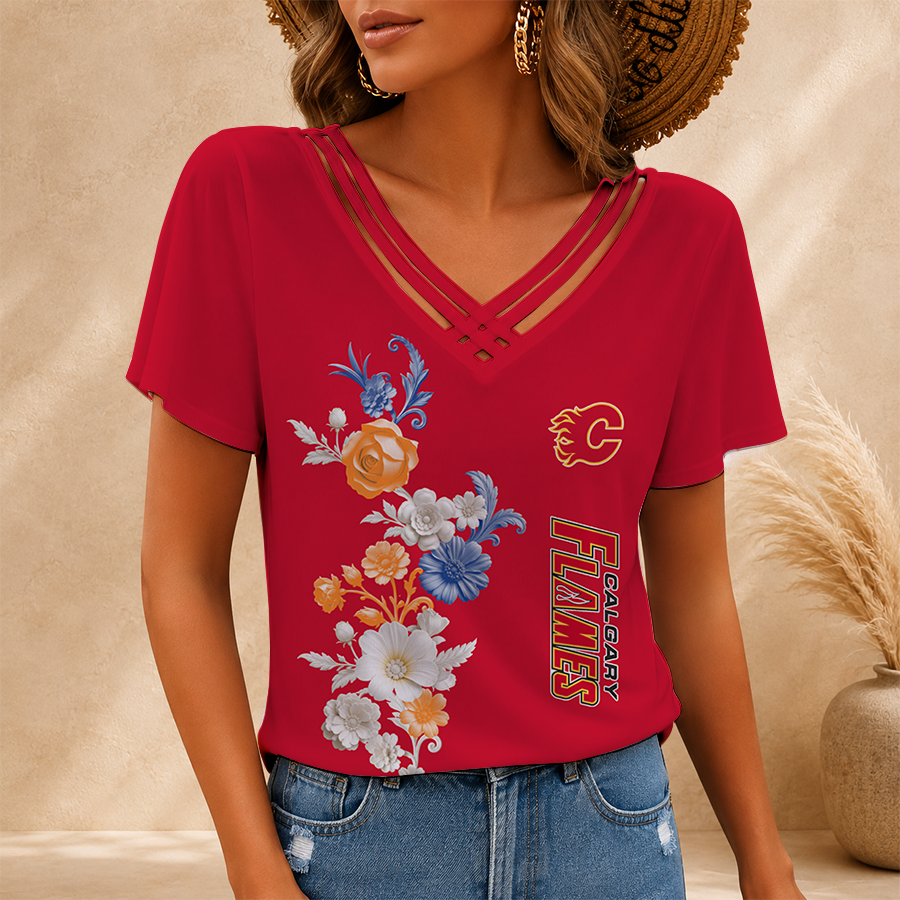 [SUPER SALE] NEW CUSTOMIZED NHL17 CGF CALGARY FLAMES V-NECK SHIRT