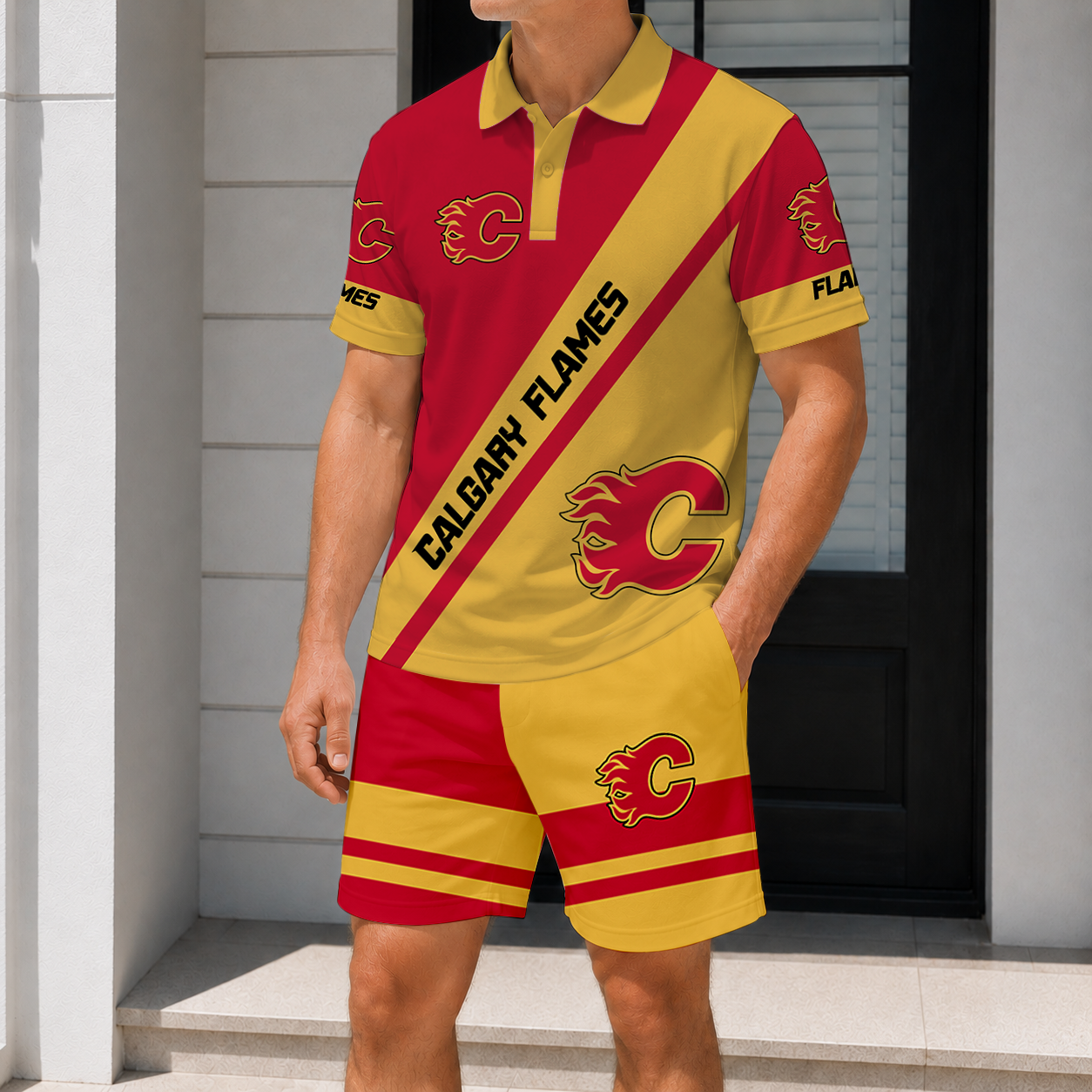 LIMITED EDITION - NEW CUSTOMIZED NHL17 CGF CALGARY FLAMES POLO & SHORT PANTS SET