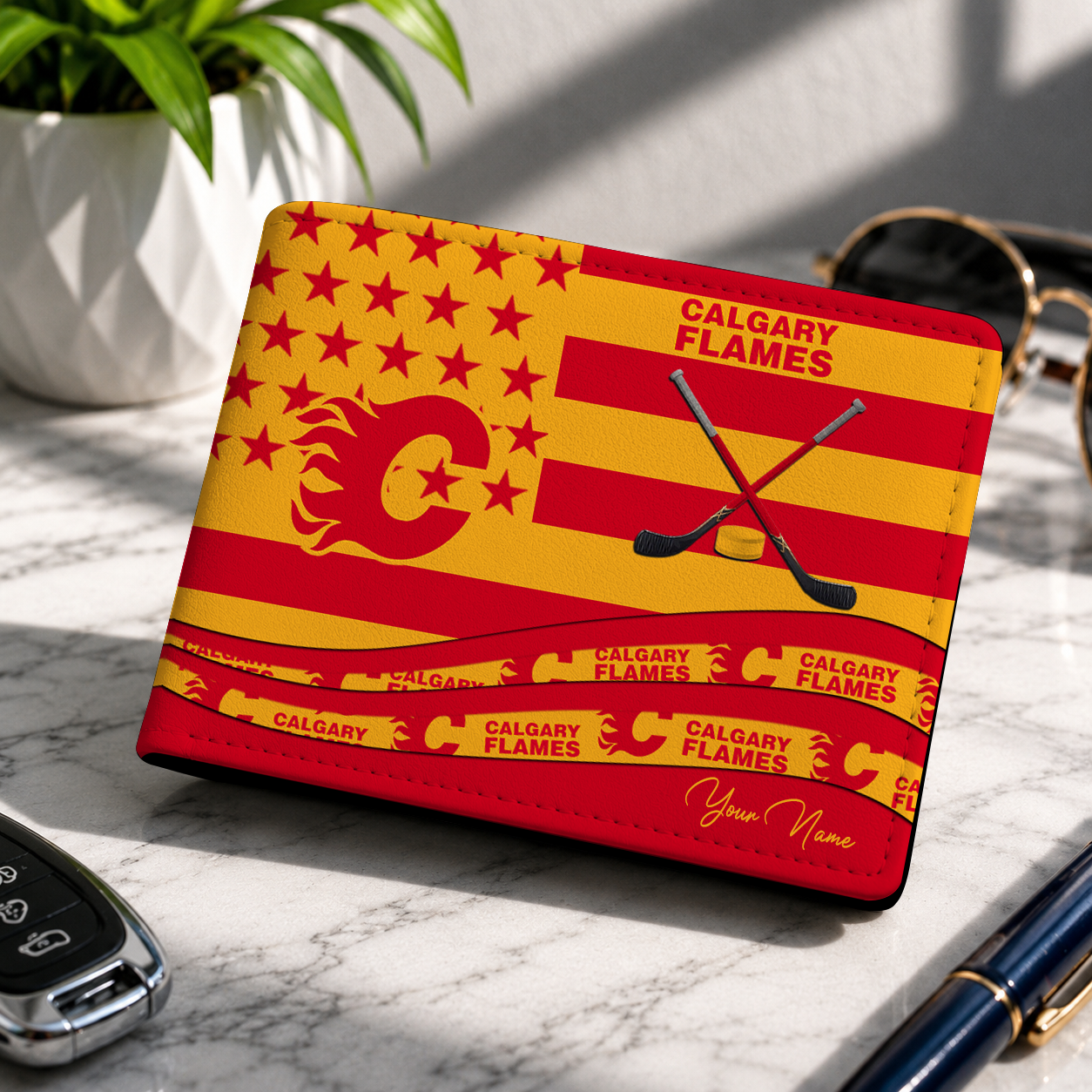 LIMITED EDITION - NEW CUSTOMIZED NHL17 CGF CALGARY FLAMES LEATHER WALLET