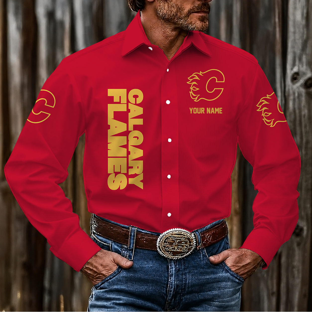 LIMITED EDITION - NEW CUSTOMIZED NHL17 CGF CALGARY FLAMES MEN'S LONG SLEEVE BUTTON-UP SHIRT