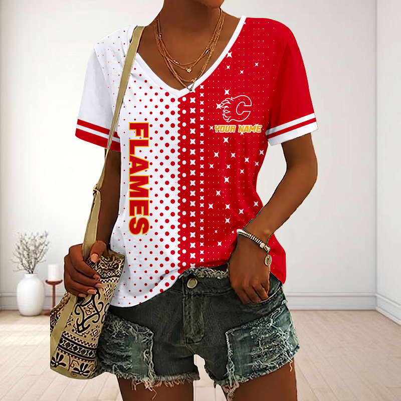 LIMITED EDITION - NEW CUSTOMIZED NHL17 CGF CALGARY FLAMES V-NECK FEMALE SHIRT