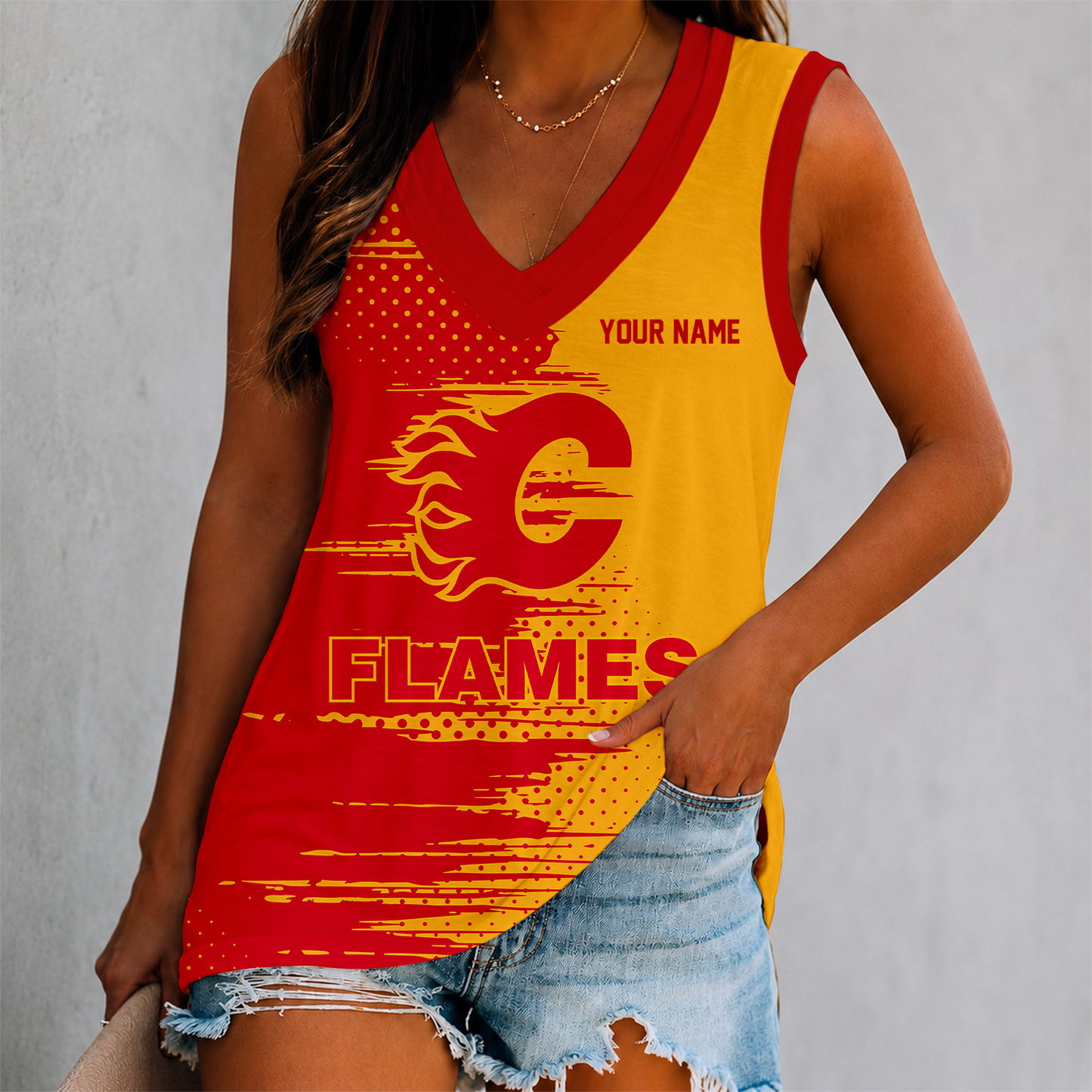 LIMITED EDITION - NEW CUSTOMIZED NHL17 CGF CALGARY FLAMES WOMEN'S V-NECK TANK TOP