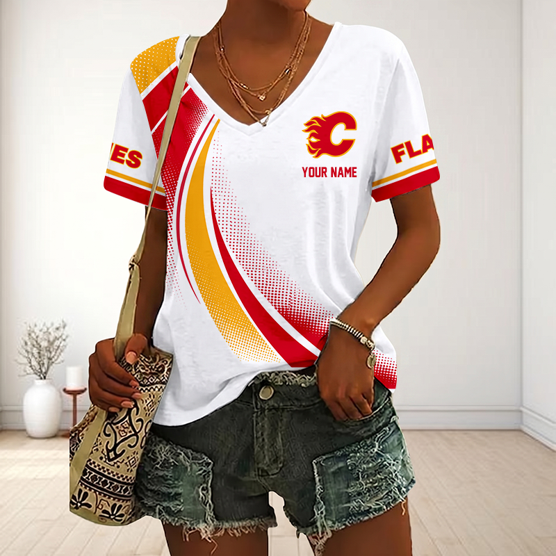 LIMITED EDITION - NEW CUSTOMIZED NHL17 CGF CALGARY FLAMES V-NECK FEMALE SHIRT