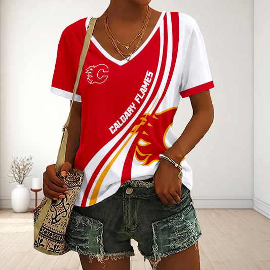 LIMITED EDITION - NEW CUSTOMIZED NHL17 CGF CALGARY FLAMES V-NECK FEMALE SHIRT