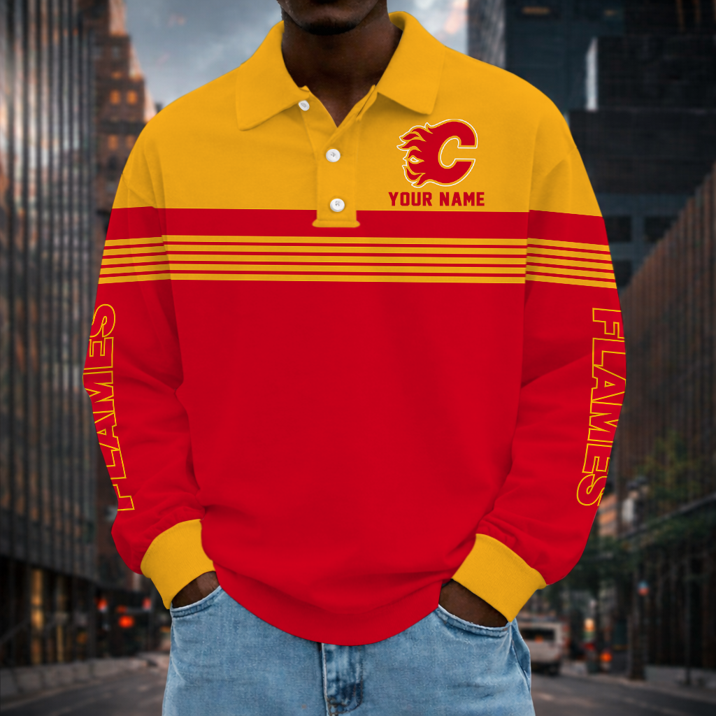 SPECIAL EDITION - NEW CUSTOMIZED NHL17 CGF CALGARY FLAMES MEN LONG SLEEVE POLO