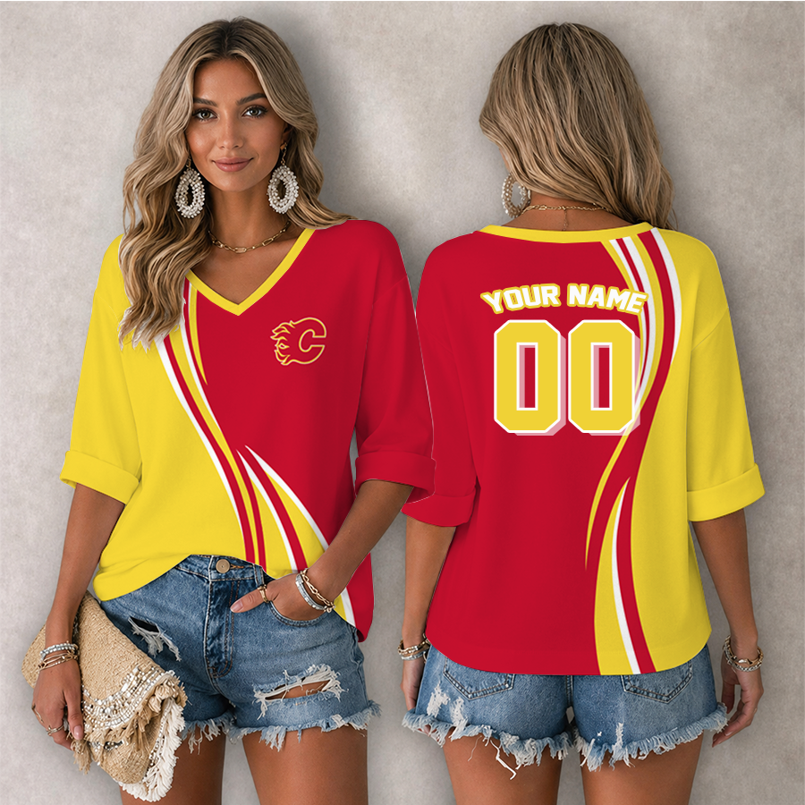 LIMITED EDITION - NEW CUSTOMIZED NHL17 CGF CALGARY FLAMES WOMEN'S HEART V-NECK LONG SLEEVE SHIRT