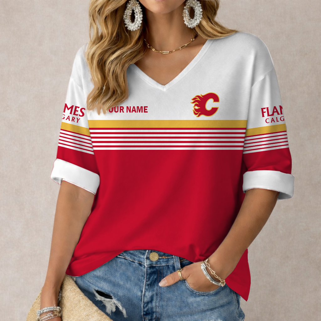 SPECIAL EDITION - NEW CUSTOMIZED NHL17 CGF CALGARY FLAMES WOMEN'S HEART V-NECK LONG SLEEVE SHIRT
