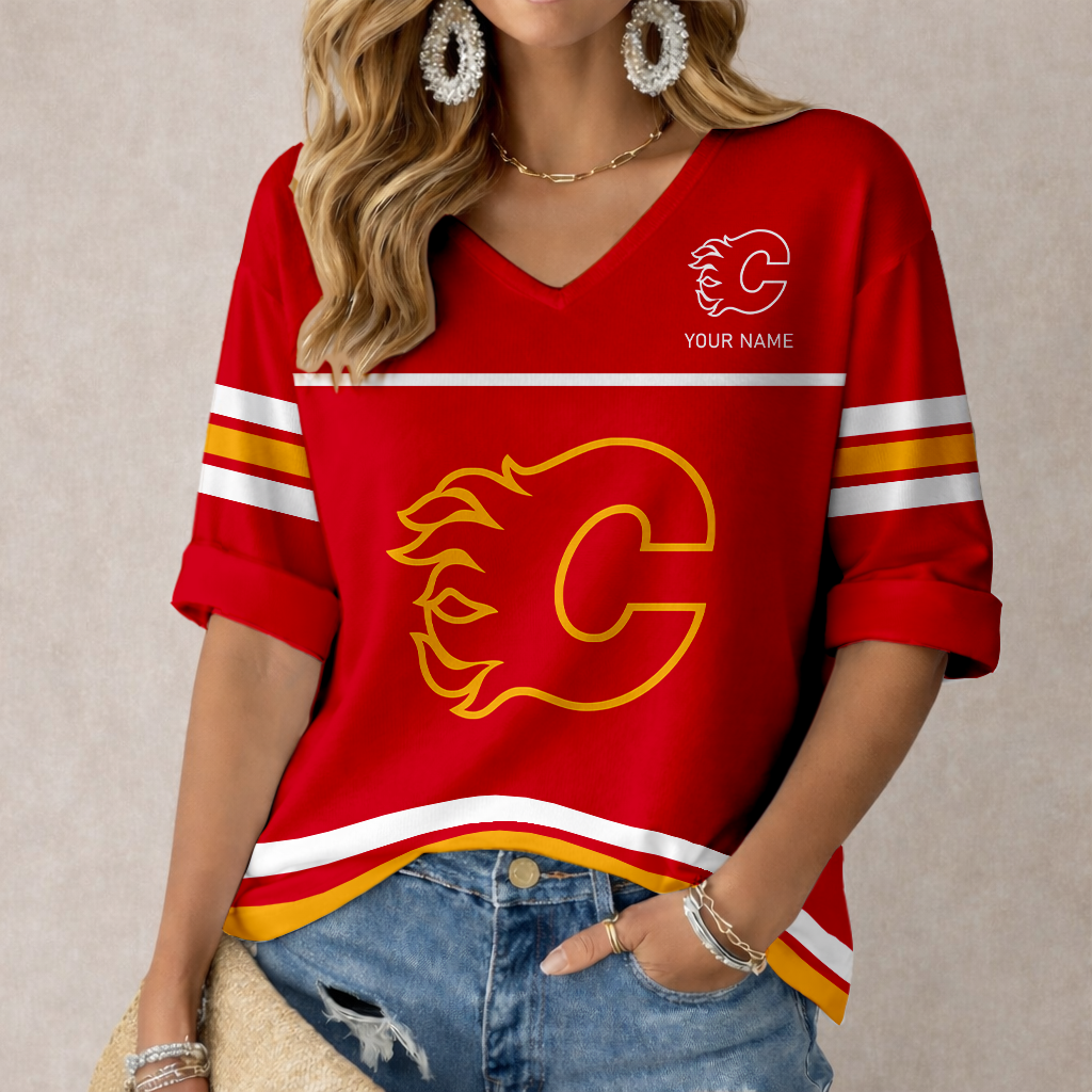 LIMITED EDITION - NEW CUSTOMIZED NHL17 CGF CALGARY FLAMES WOMEN'S HEART V-NECK LONG SLEEVE SHIRT