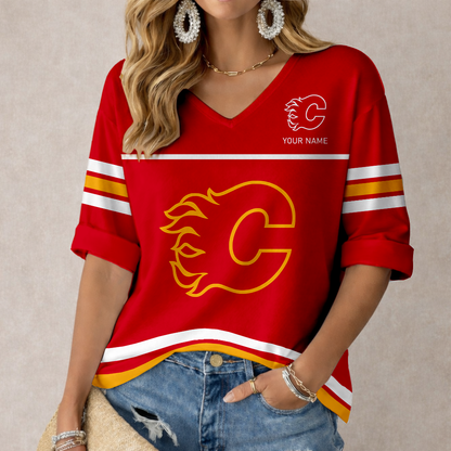 LIMITED EDITION - NEW CUSTOMIZED NHL17 CGF CALGARY FLAMES WOMEN'S HEART V-NECK LONG SLEEVE SHIRT