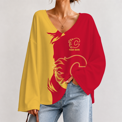[SUPER SALE] NEW CUSTOMIZED NHL17 CGF CALGARY FLAMES V-NECK LONG SLEEVED CROP TOP