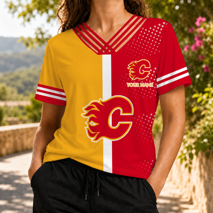 ELITE EDITION - NEW CUSTOMIZED NHL17 CGF CALGARY FLAMES V-NECK SHIRT