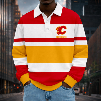 LIMITED EDITION - NEW CUSTOMIZED NHL17 CGF CALGARY FLAMES MEN LONG SLEEVE POLO