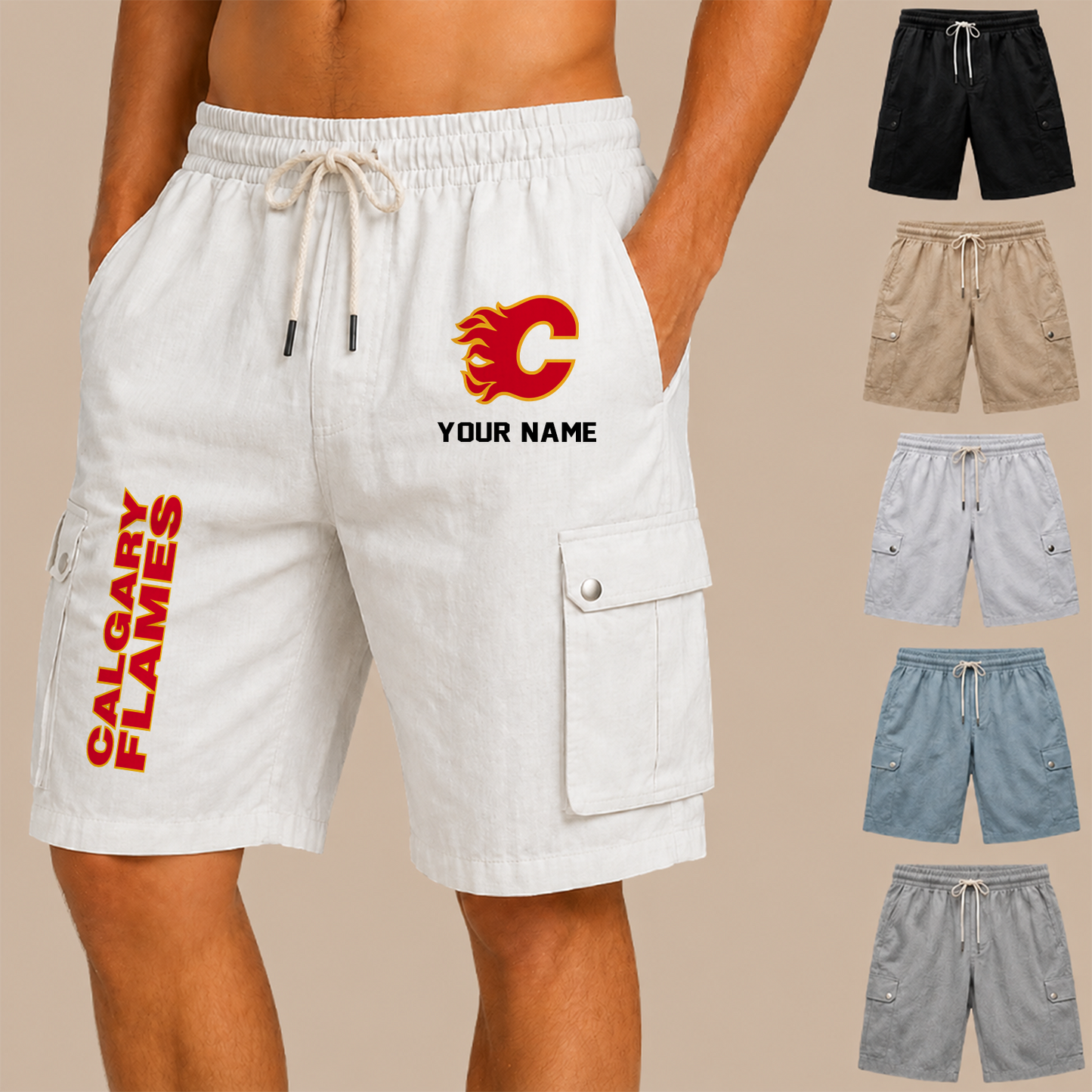 [SUPER SALE] NEW CUSTOMIZED NHL17 CGF CALGARY FLAMES MEN'S DRAWSTRING CARGO SHORTS