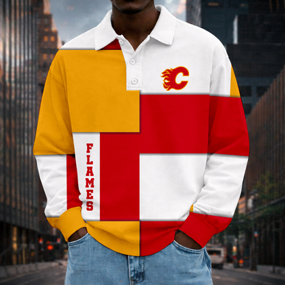 LIMITED EDITION - NEW CUSTOMIZED NHL17 CGF CALGARY FLAMES MEN LONG SLEEVE POLO
