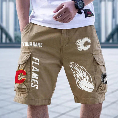 [SUPER SALE] NEW CUSTOMIZED NHL17 CGF CALGARY FLAMES CARGO SHORTS