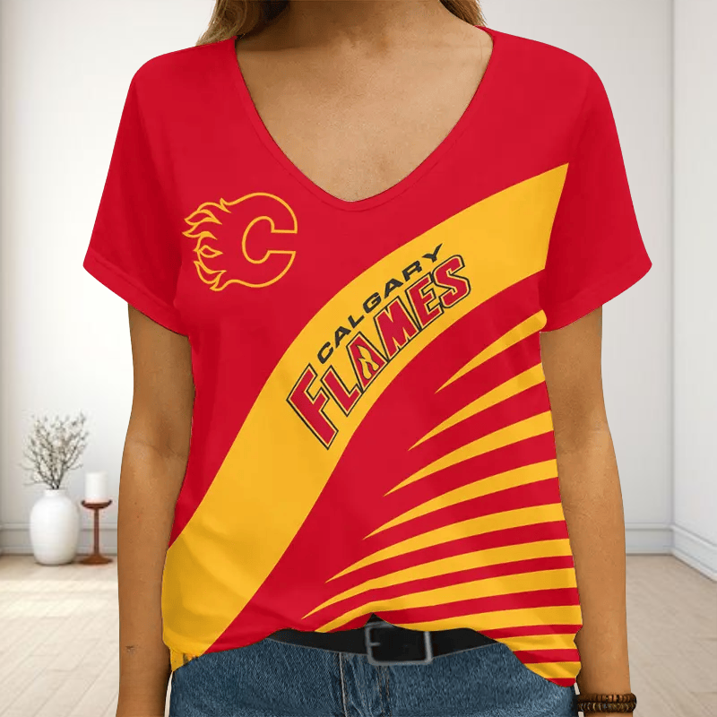 LIMITED EDITION - NEW CUSTOMIZED NHL17 CGF CALGARY FLAMES V-NECK FEMALE SHIRT