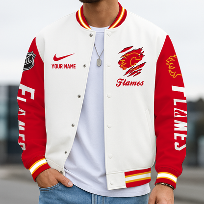 LIMITED EDITION - NEW CUSTOMIZED NHL17 CGF CALGARY FLAMES BASEBALL JACKET, SATIN VARSITY JACKET