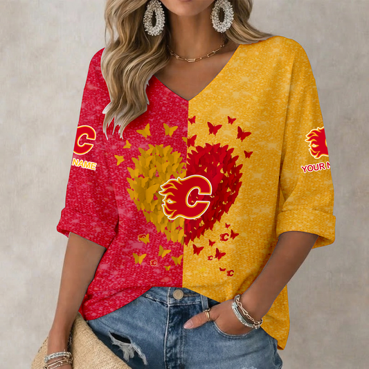 LIMITED EDITION - NEW CUSTOMIZED NHL17 CGF CALGARY FLAMES WOMEN'S HEART V-NECK LONG SLEEVE SHIRT