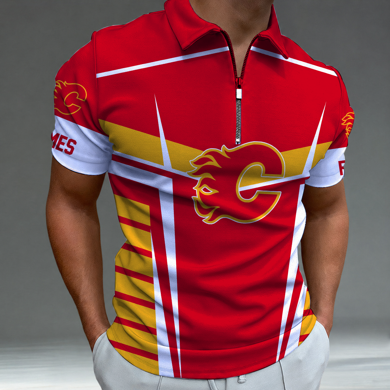 LIMITED EDITION - NEW CUSTOMIZED NHL17 CGF CALGARY FLAMES POLO SHIRT